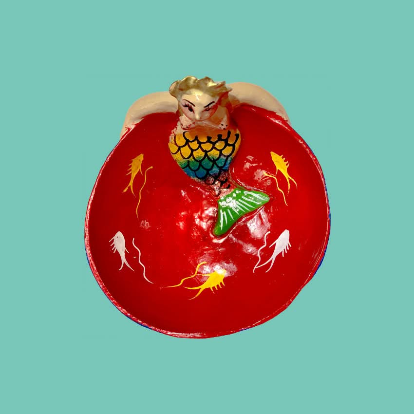 Ciotola artigianale messicana decorazione da tavola in cocco dipinta a mano con sirena in argilla originale colorata