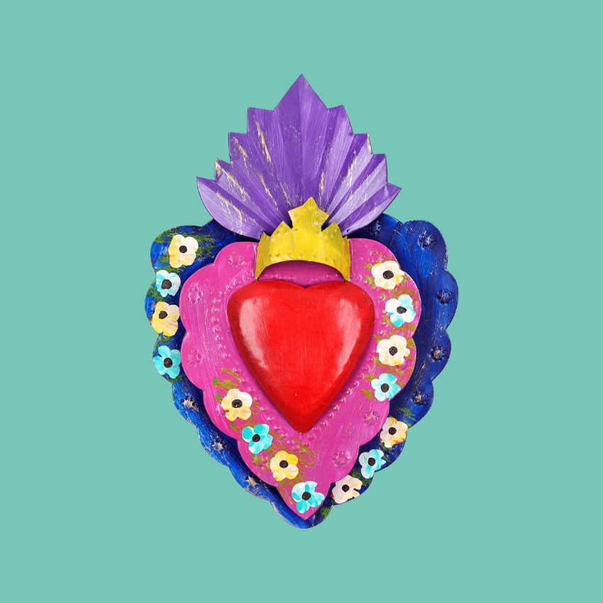 Decorazione da muro Cuore sacro Milagros artigianato messicano ex voto colorato originale in metallo dipinto disegno floreale