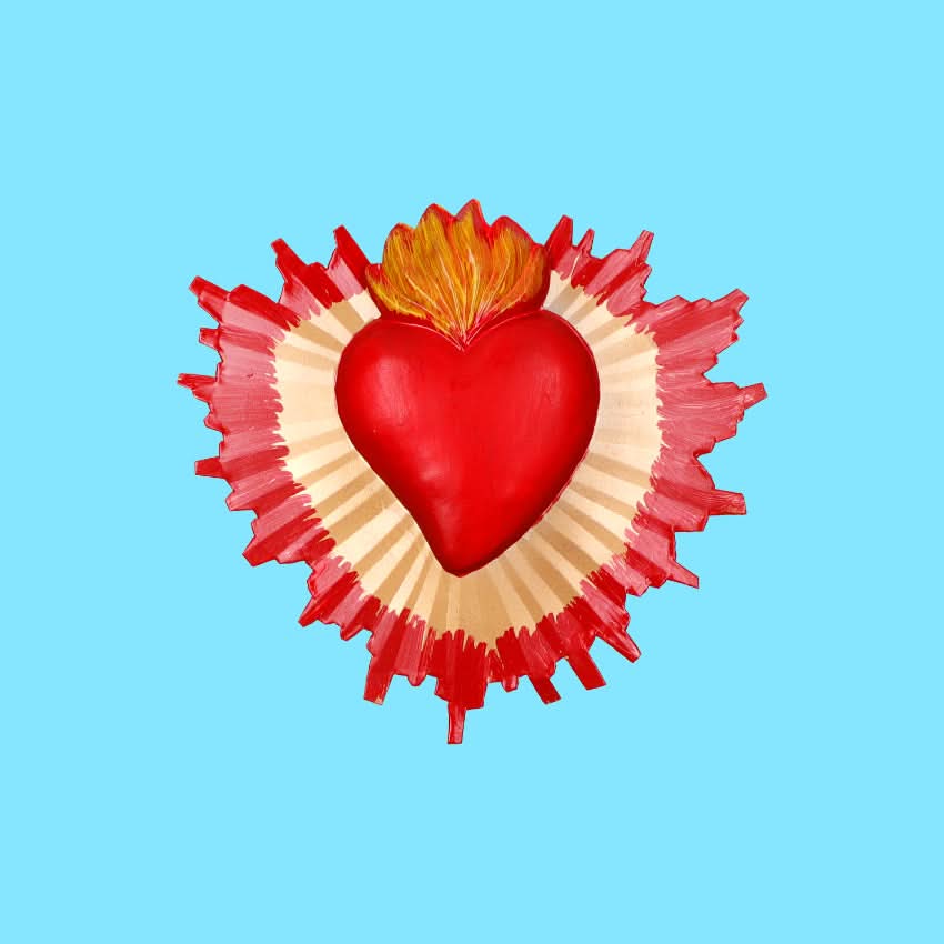 Decorazione da muro Cuore sacro Milagros artigianato messicano ex voto colorato originale in metallo dipinto a mano raggi oro