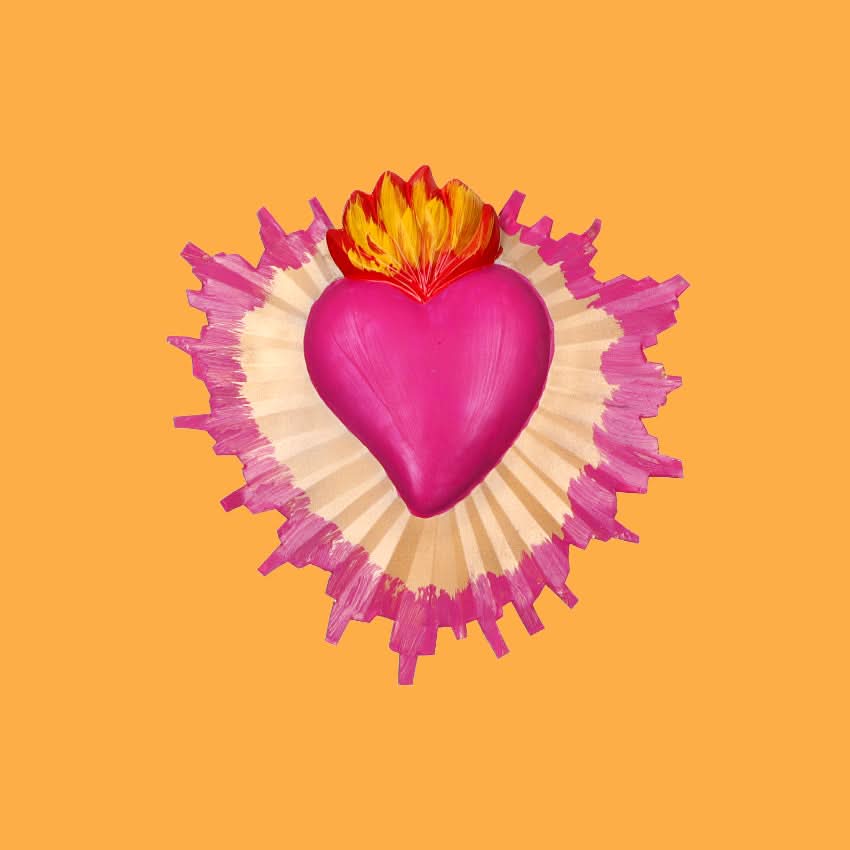 Decorazione da muro Cuore sacro Milagros artigianato messicano ex voto colorato originale in metallo dipinto a mano raggi oro