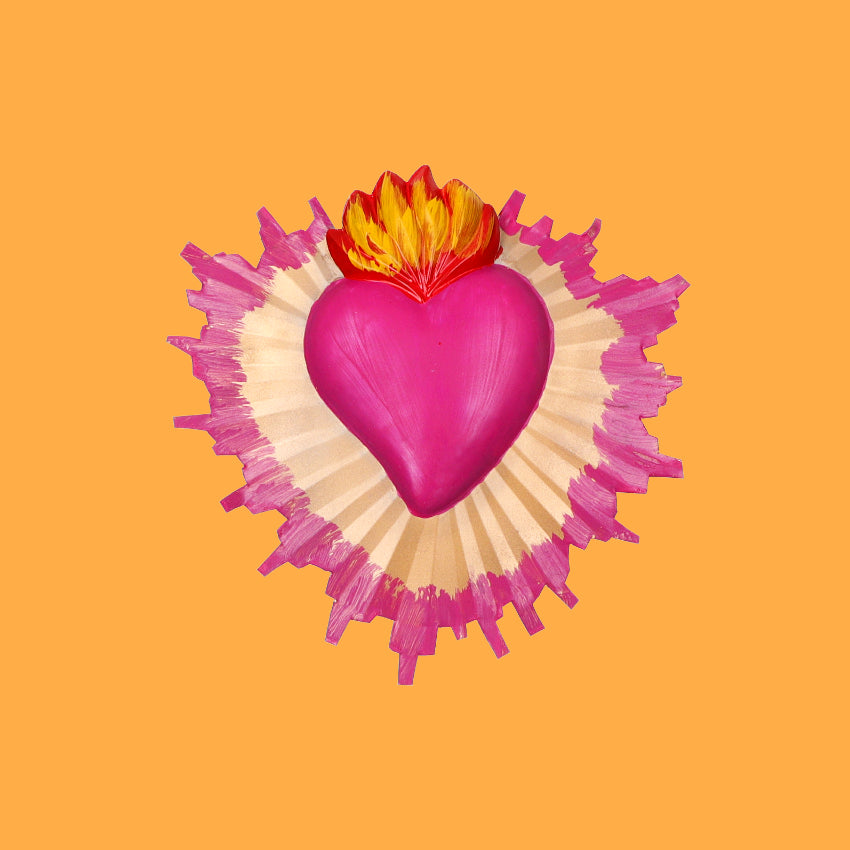 Decorazione da muro Cuore sacro Milagros artigianato messicano ex voto colorato originale in metallo dipinto a mano raggi oro