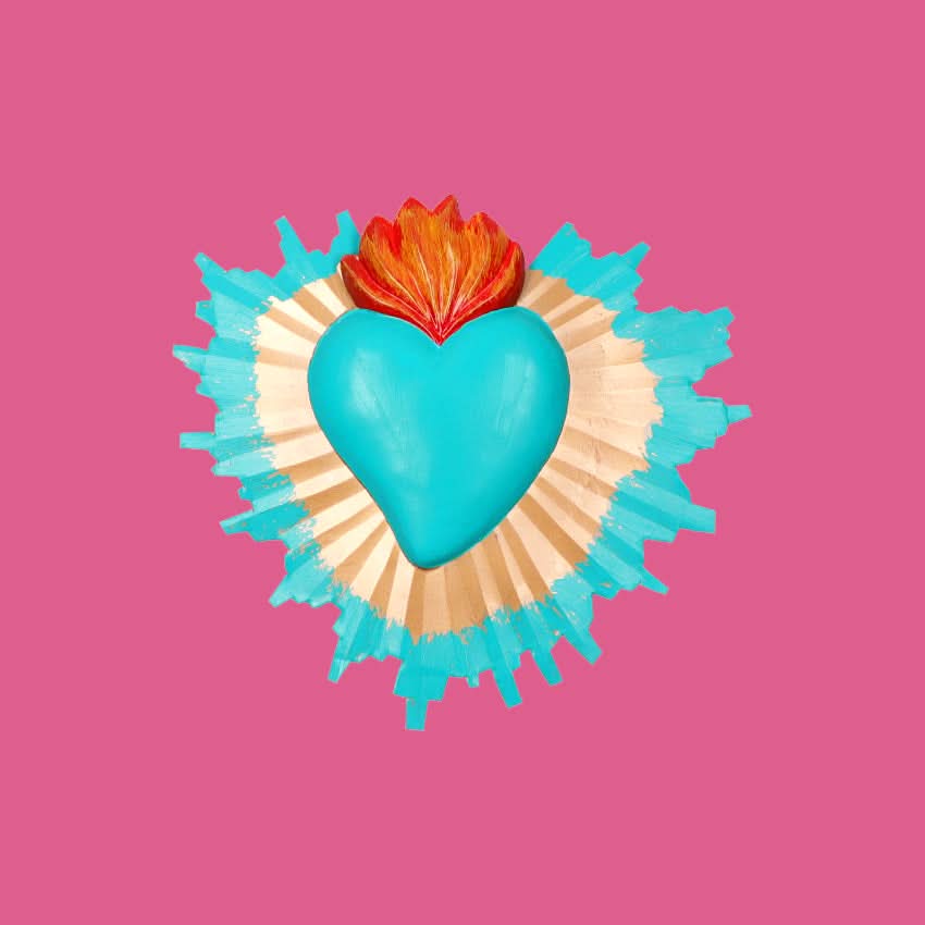 Decorazione da muro artigianale Cuore sacro Milagros messicano ex voto colorato originale in metallo dipinto a mano raggi oro