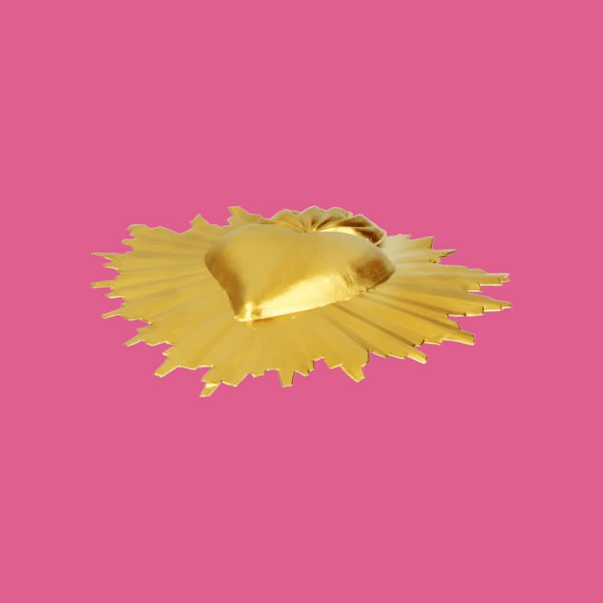 Decorazione da muro artigianale Cuore sacro Milagros messicano ex voto colorato originale in metallo dipinto a mano raggi oro