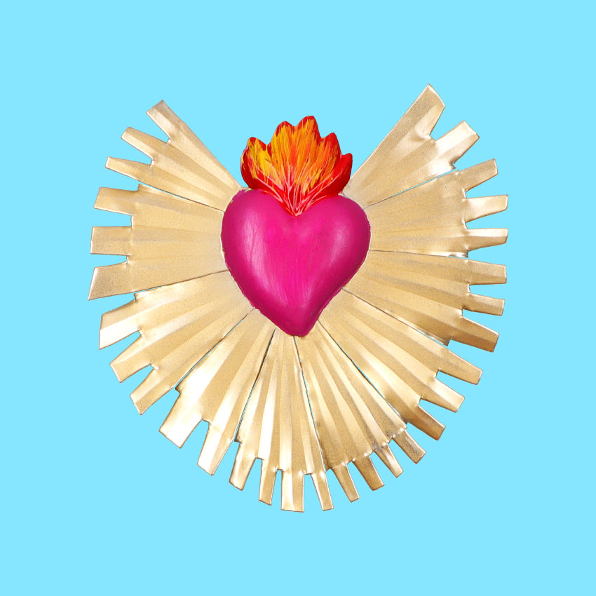 Decorazione da muro Cuore sacro Milagros artigianato messicano ex voto colorato originale in metallo dipinto a mano raggi oro