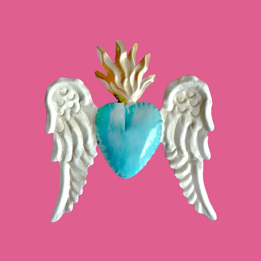 Decorazione da muro Cuore sacro Milagros artigianato messicano ex voto colorato originale in metallo dipinto a mano con ali