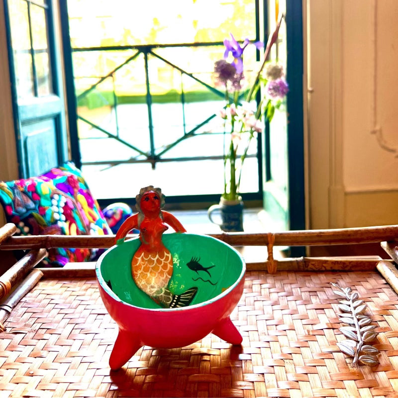 Ciotola artigianato messicano decorazione da tavola in cocco dipinta a mano con sirena in argilla originale colorata