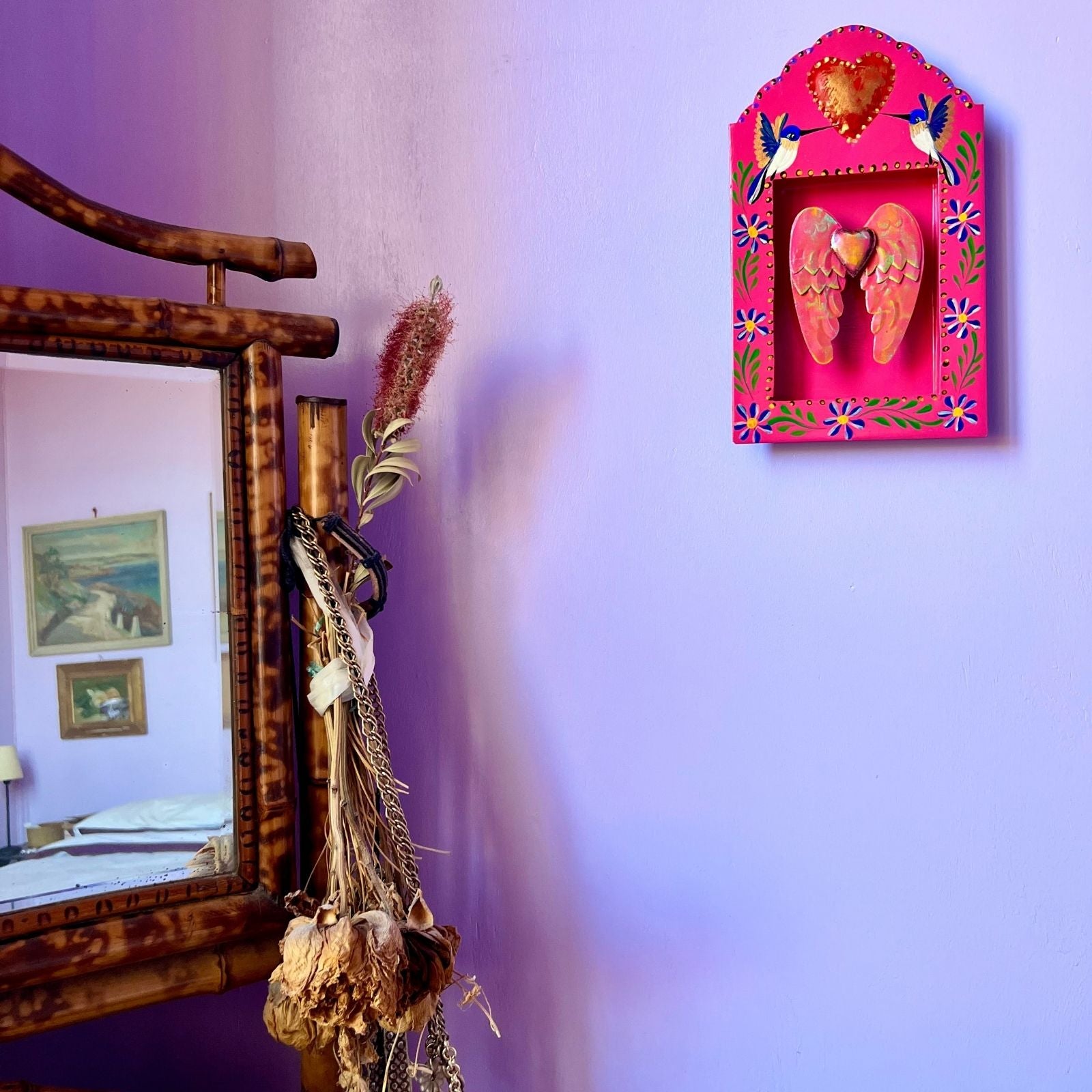 decorazione da muro teca votiva altare metallo artigianato messicano cuore con ali 3d uccelli colibrì libertà dipinta a mano