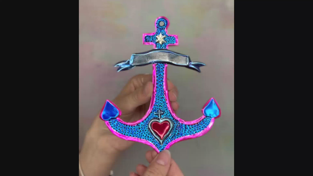 Decorazione da muro ancora con Cuore sacro Milagros artigianato messicano ex voto centrale e stendardo dipinto a mano tattoo