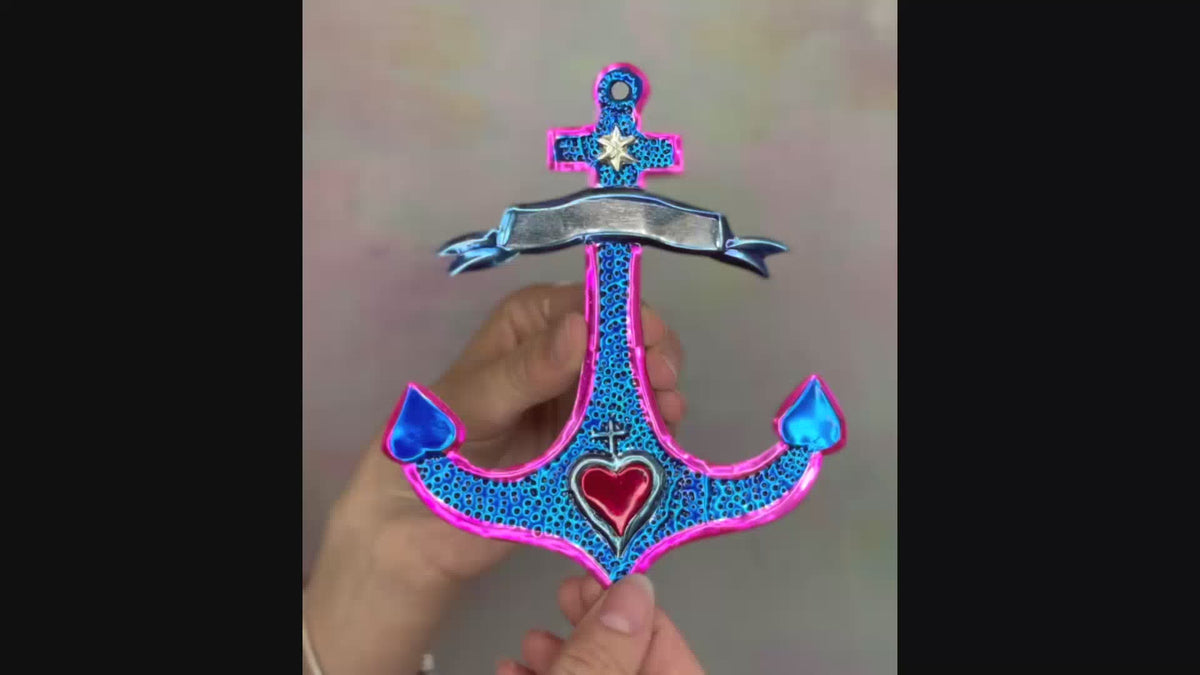 Decorazione da muro ancora con Cuore sacro Milagros artigianato messicano ex voto centrale e stendardo dipinto a mano tattoo