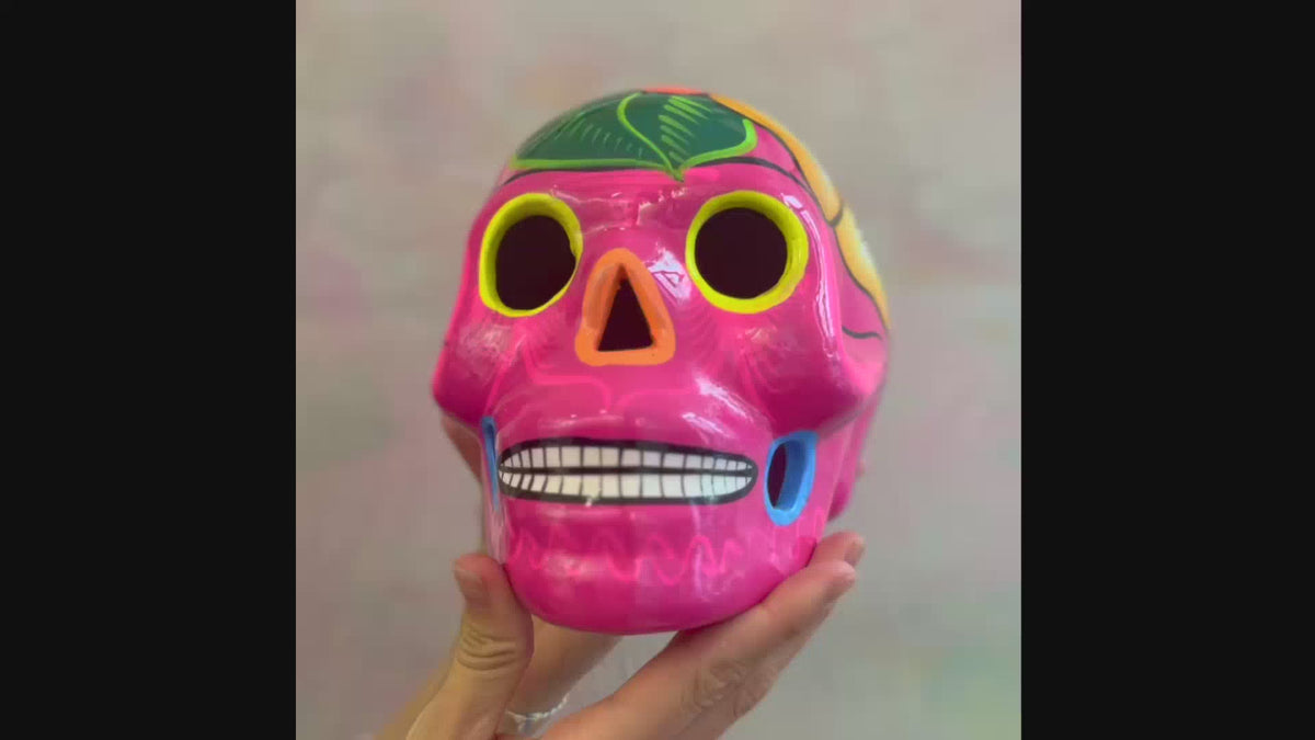 Decorazione arredo casa da tavolo teschio in ceramica artigianato messicano ex voto con disegno fiori calavera portafortuna