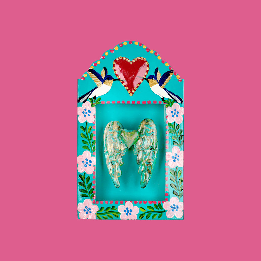 decorazione da muro teca votiva altare metallo artigianato messicano cuore con ali 3d uccelli colibrì libertà dipinta a mano