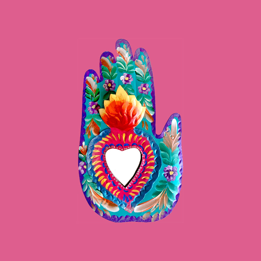 Decorazione da muro artigianale specchio cuore sacro Milagros messicano mano ex voto originale in metallo disegno fiori