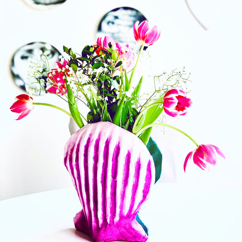 Decorazione scultura arredo casa vaso da tavolo in cartapesta colorata artigianato messicano conchiglia eco sostenibile