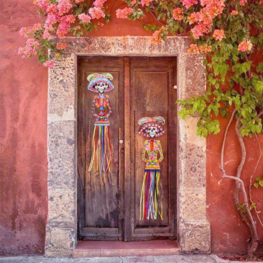 Decorazione da muro artigianato messicano originale Calavera catrina scheletro halloween dipinto a mano in metallo colorato