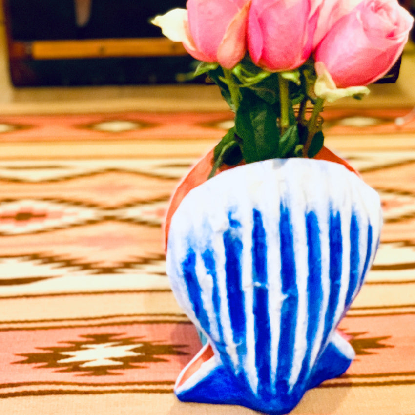 Decorazione scultura arredo casa vaso da tavolo in cartapesta colorata artigianale messicana conchiglia eco sostenibile
