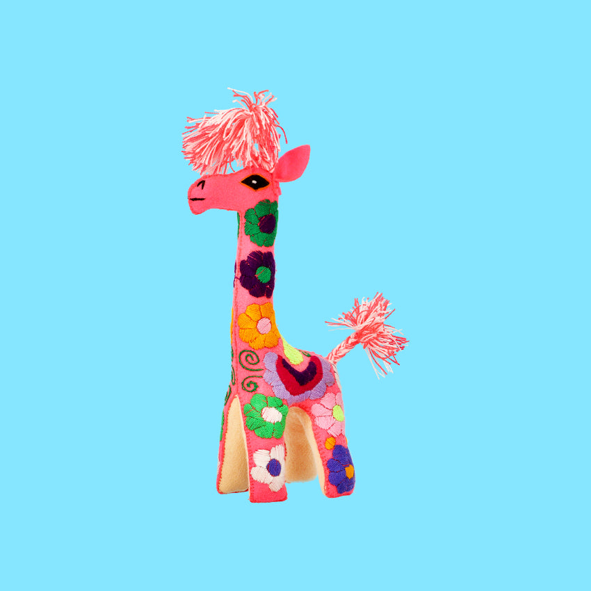 Decorazione arredo casa da tavolo artigianato peluche giraffa fatto a mano colorato e ricamato in lana messicano 