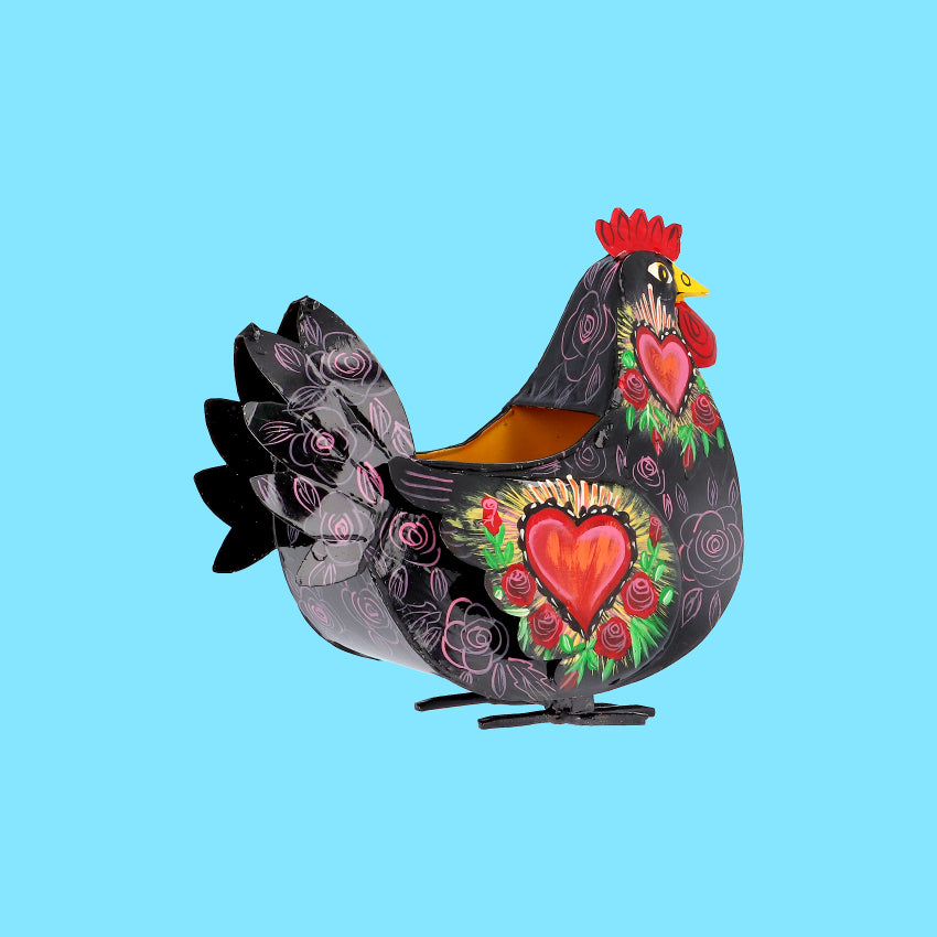 Decorazione arredo casa giardino vaso artigianato gallina metallo colorata messicana con cuore ex voto porta fortuna 