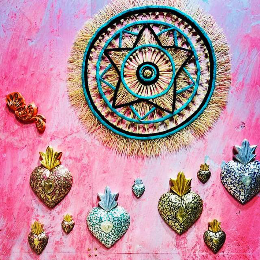 decorazione accessorio da muro artigianale paglia messicano dettaglio cotone ricamato a mano stella