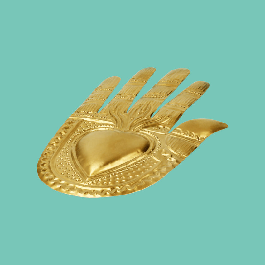 Decorazione da muro artigianale mano 3D cuore sacro Milagros messicano mano ex voto originale in metallo vintage colore oro